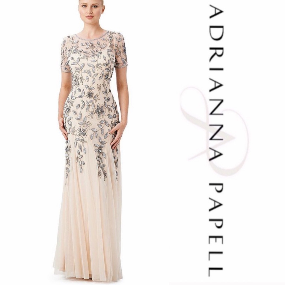 Adrianna papell Floral Beaded Godet Gown with Sheer Short Sleeves - Picture 4 of 16